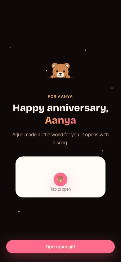 An anniversary card, addressed by name, waiting to be opened.