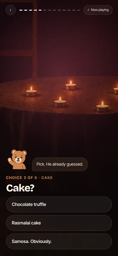 A candlelit table, with the cake options to choose between.